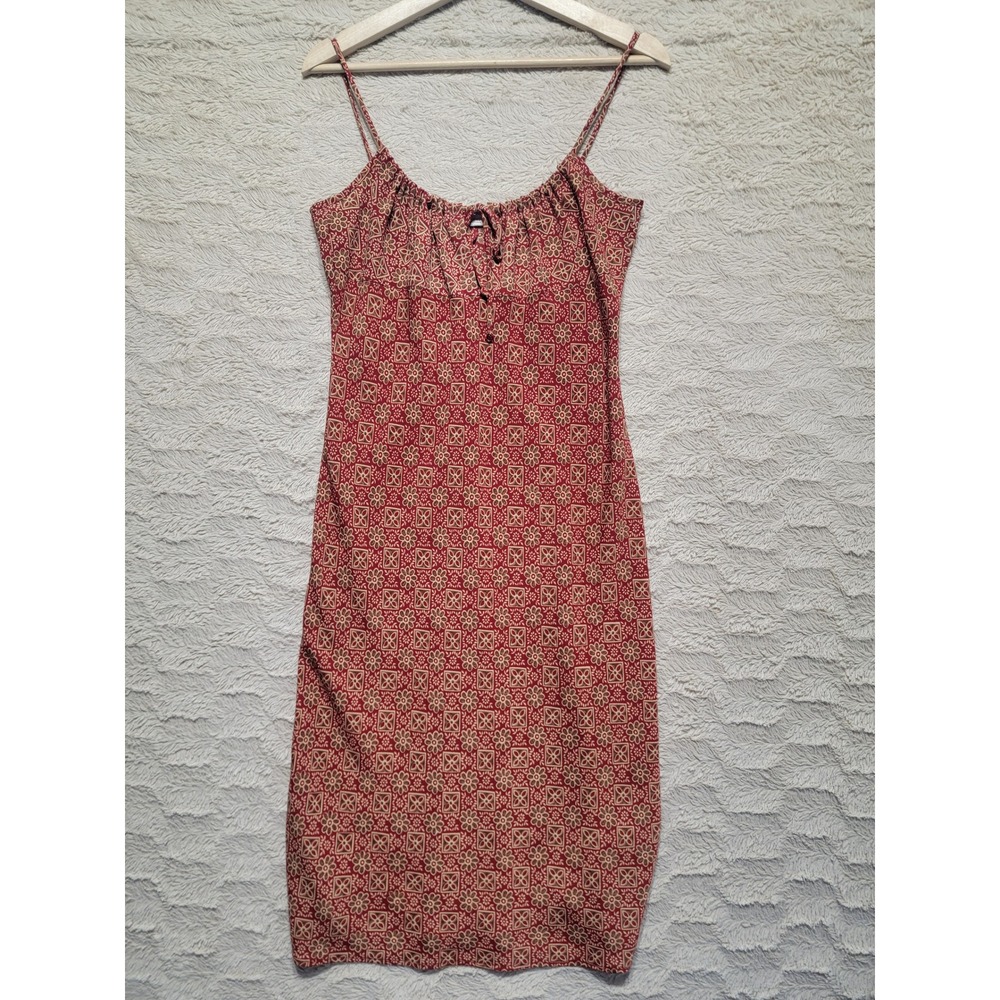 Pariscope Red Tan Geometric Floral Midi Dress Spaghetti Strap Keyhole Accent Y2K